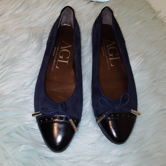 AGL Navy Suede Flats with Black Leather Detail - Picture 2 of 6